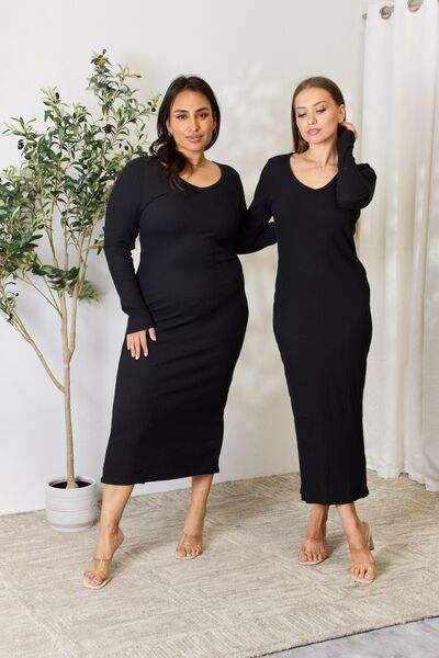 Culture Code Full Size Ribbed Long Sleeve Midi Slit Dress - Trendsi - Flyclothing LLC