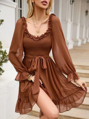 Tie Front Ruffle Hem Smocked Dress - Trendsi