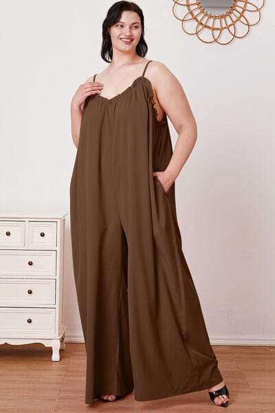 Full Size Ruffle Trim Tie Back Cami Jumpsuit with Pockets - Trendsi - Flyclothing LLC