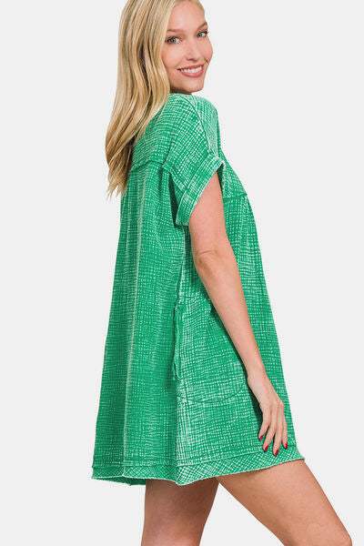 Zenana Washed Notched Short Sleeve Mini Dress - Trendsi - Flyclothing LLC