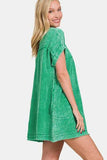 Zenana Washed Notched Short Sleeve Mini Dress - Trendsi - Flyclothing LLC