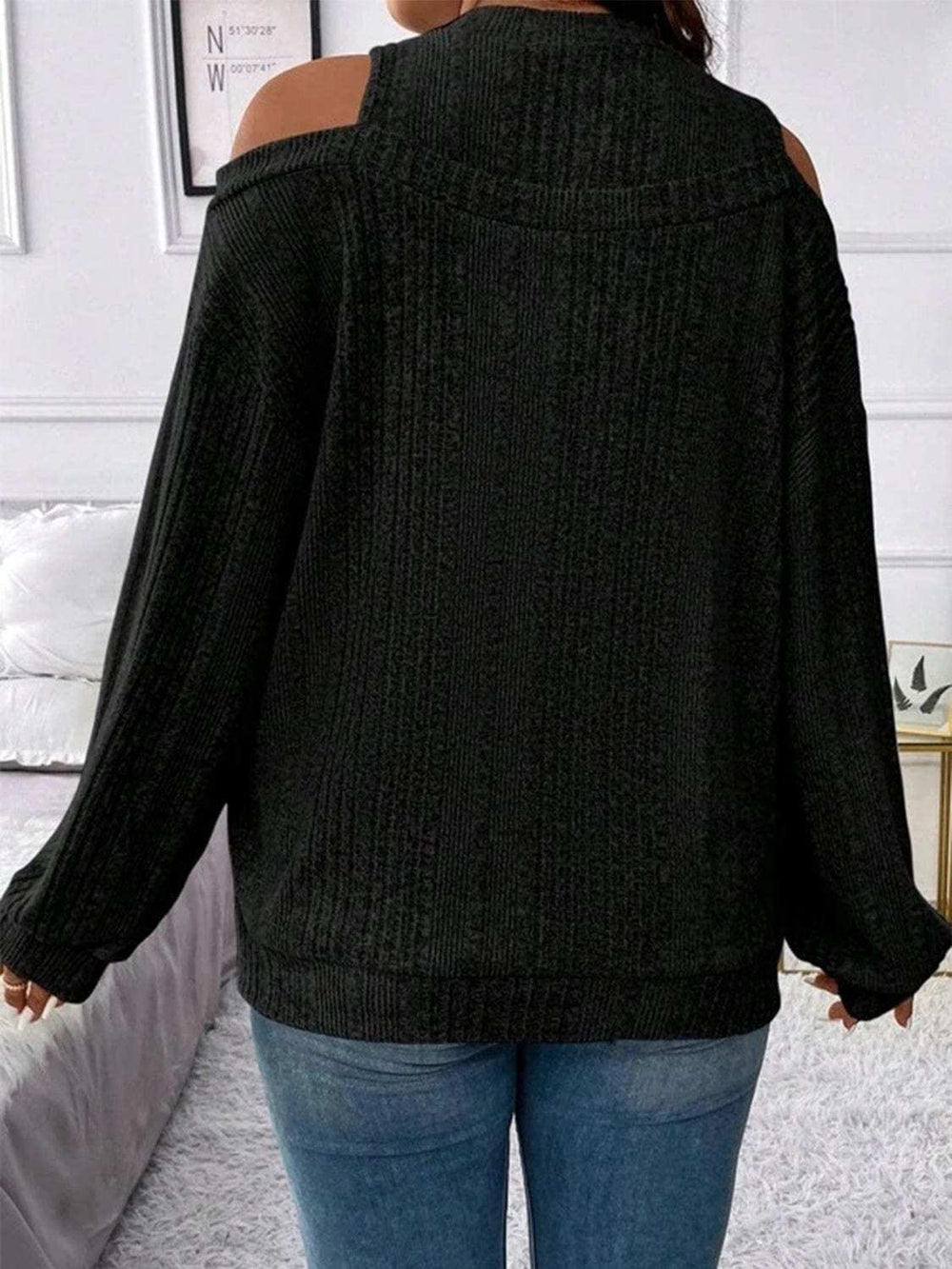 Round Neck Cold Shoulder Sweater - Trendsi - Flyclothing LLC