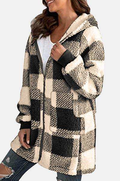 Double Take Full Size Plaid Long Sleeve Hooded Coat - Trendsi - Flyclothing LLC