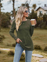 Ribbed Round Neck Long Sleeve Tee - Trendsi - Flyclothing LLC