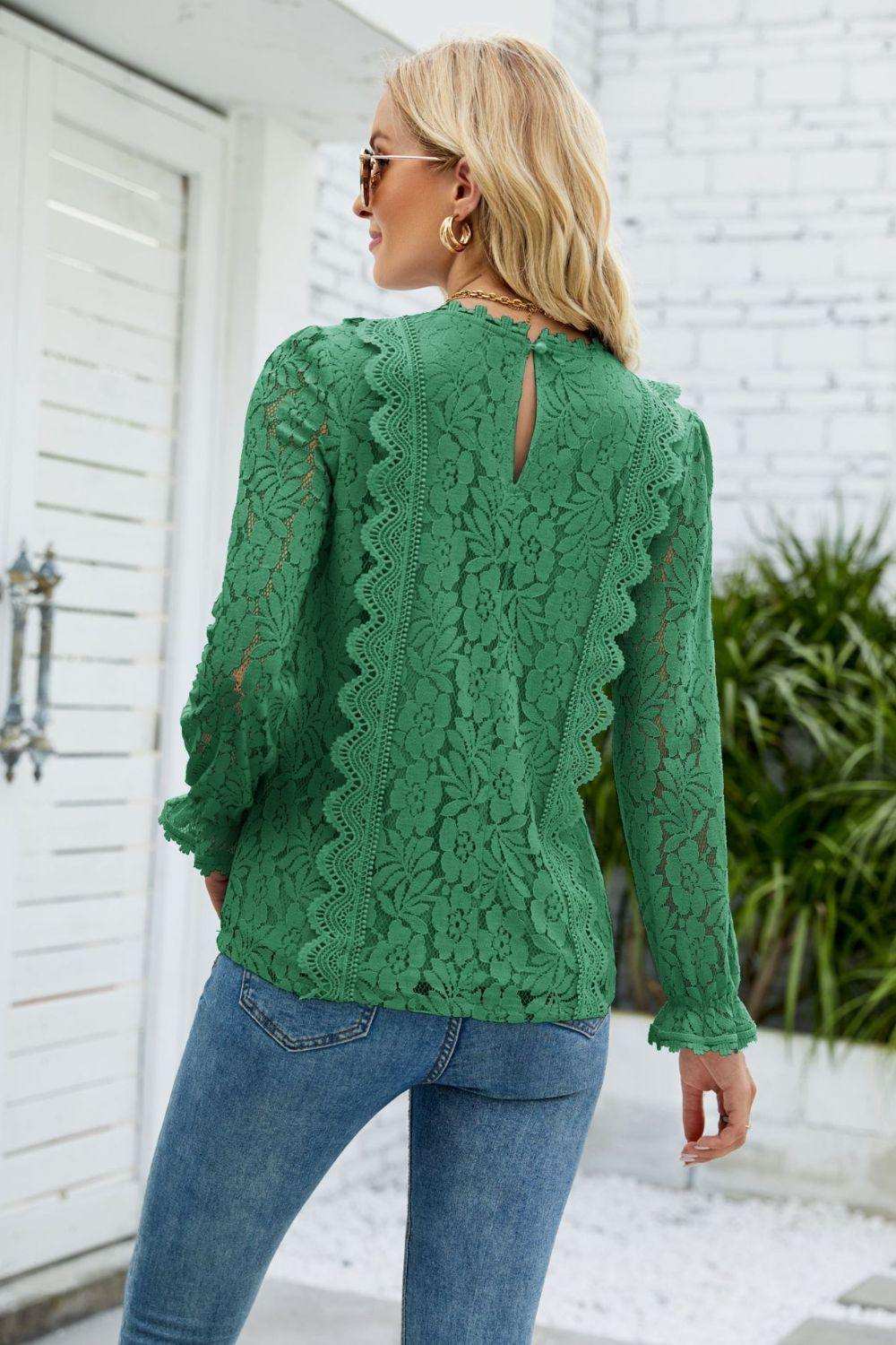 V-Neck Flounce Sleeve Lace Top - Trendsi - Flyclothing LLC