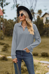 Collared Neck Cable-Knit Long Sleeve Blouse - Trendsi