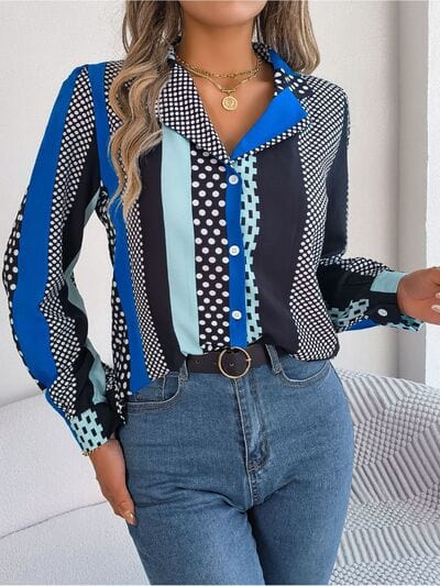 Polka Dot Contrast Long Sleeve Shirt - Trendsi