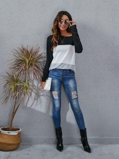 Color Block Round Neck Long Sleeve T-Shirt - Trendsi