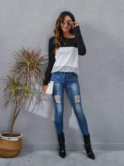 Color Block Round Neck Long Sleeve T-Shirt - Trendsi - Flyclothing LLC