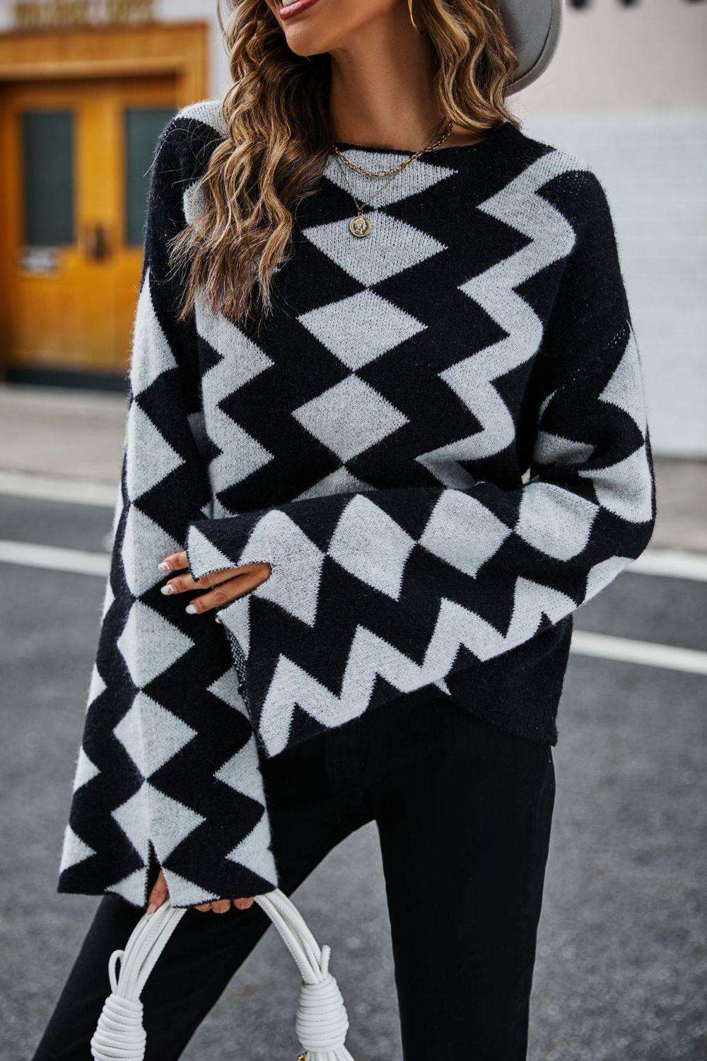 Geometric Slit Flare Sleeve Round Neck Sweater - Trendsi - Flyclothing LLC