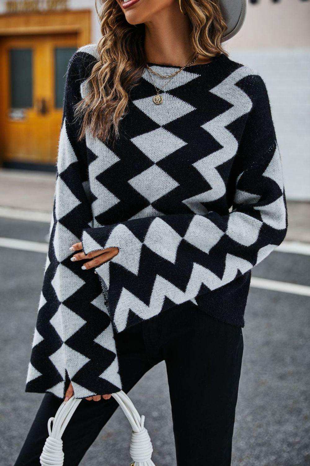 Geometric Slit Flare Sleeve Round Neck Sweater - Trendsi - Flyclothing LLC