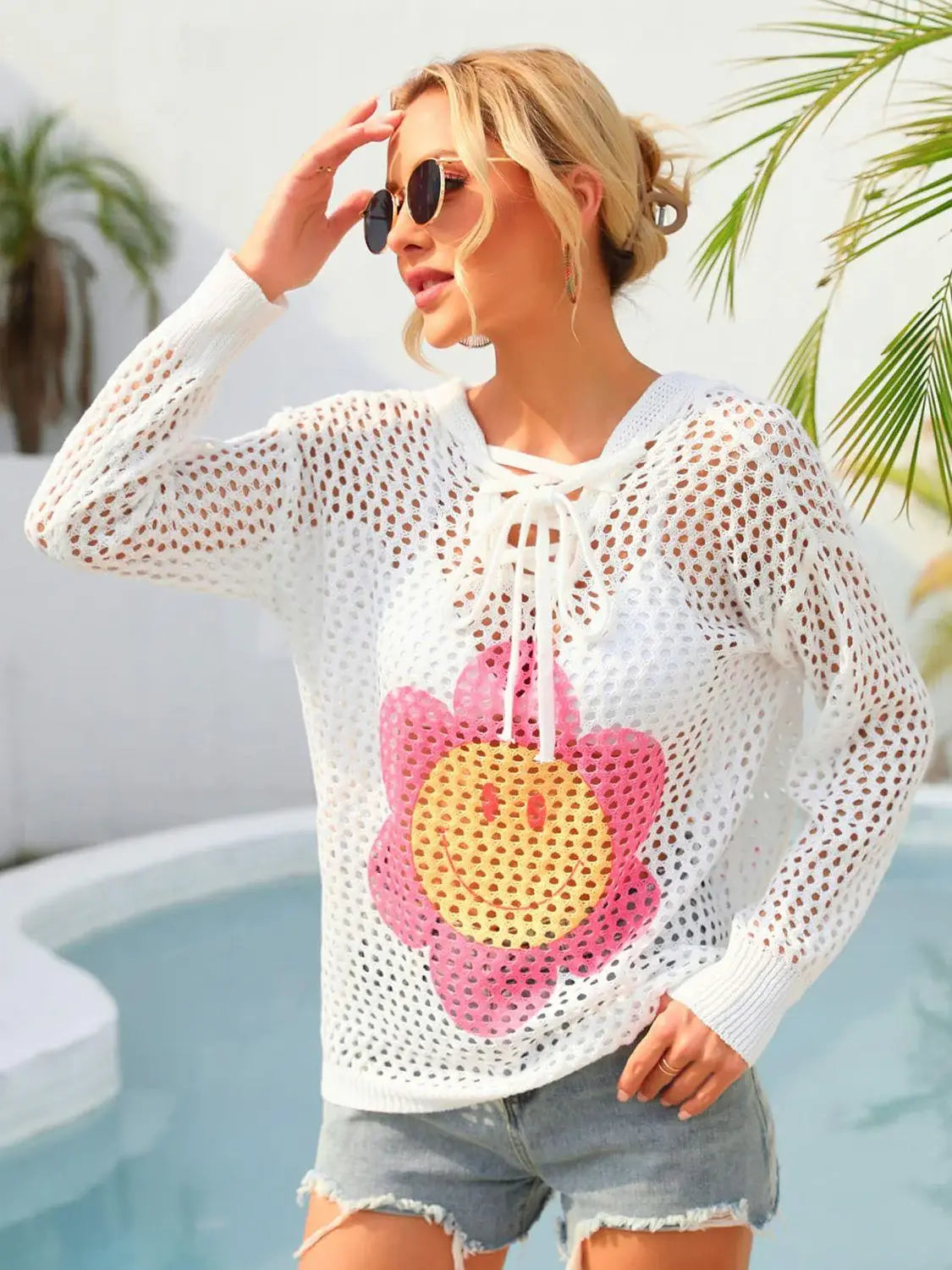 Flower Graphic Lace-Up Openwork Hooded Cover Up - Trendsi - Flyclothing LLC