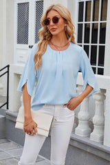 Round Neck Slit Half Sleeve Top - Trendsi