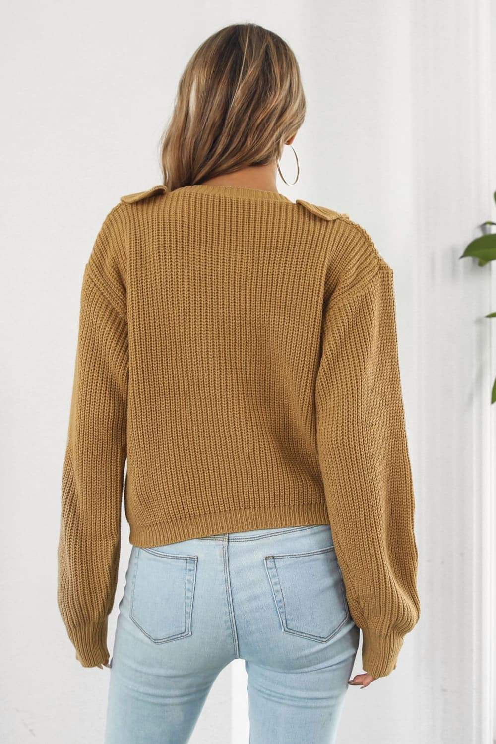 Ruffle Trim Button-Down Dropped Shoulder Sweater - Trendsi - Flyclothing LLC