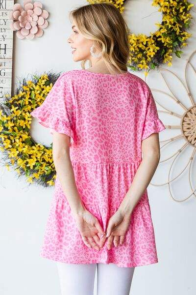 Heimish Full Size Leopard Ruffle Trim Short Sleeve Top - Trendsi - Flyclothing LLC