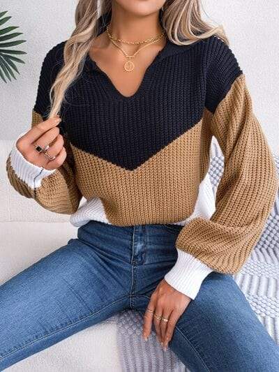 Color Block Dropped Shoulder Sweater - Trendsi - Flyclothing LLC