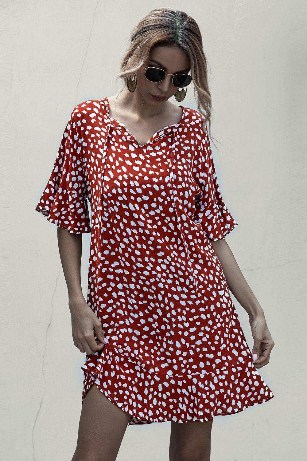 Tie Neck Flounce Sleeve Printed Mini Dress - Trendsi - Flyclothing LLC