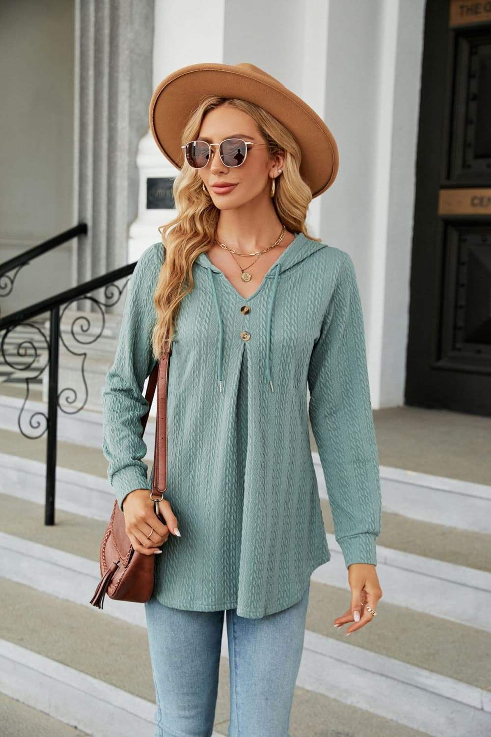 Long Sleeve Hooded Blouse - Trendsi - Flyclothing LLC