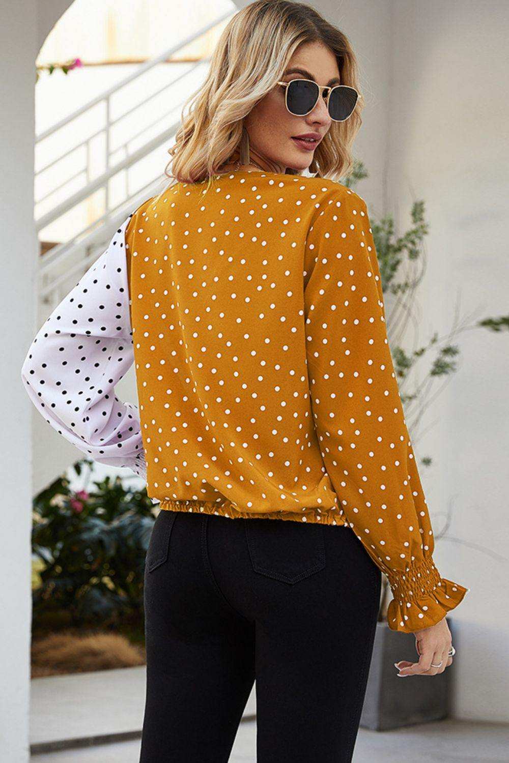 Polka Dot Surplice Neck Lantern Sleeve Blouse - Trendsi - Flyclothing LLC