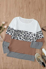 Waffle-Knit Leopard Round Neck Long Sleeve T-Shirt - Trendsi - Flyclothing LLC