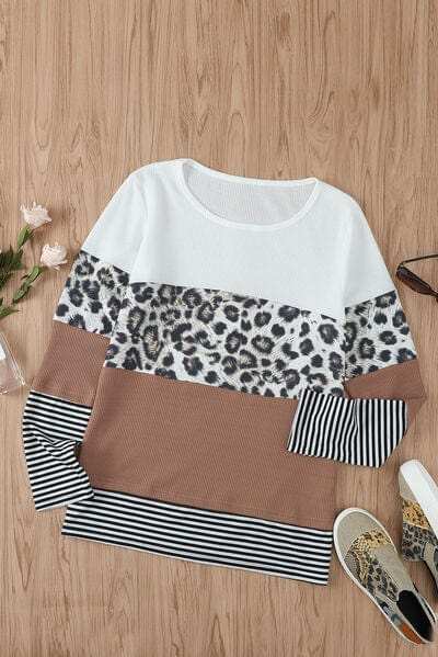 Waffle-Knit Leopard Round Neck Long Sleeve T-Shirt - Trendsi - Flyclothing LLC
