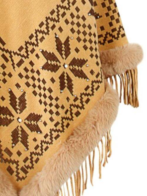 Fringe Geometric Cape Sleeve Poncho - Trendsi - Flyclothing LLC