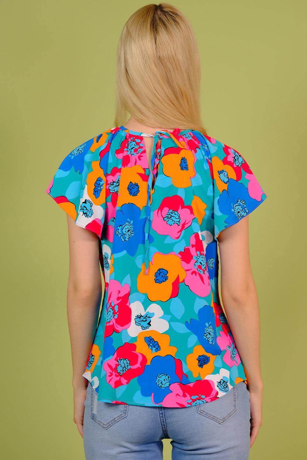 Floral Round Neck Tied Blouse - Trendsi