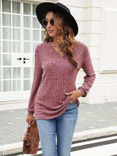 Ribbed Surplice Long Sleeve T-Shirt - Trendsi - Flyclothing LLC