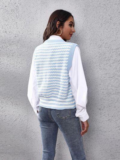 Striped Button Up V-Neck Sweater Vest - Flyclothing LLC