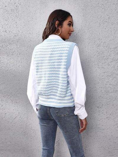 Striped Button Up V-Neck Sweater Vest - Trendsi - Flyclothing LLC