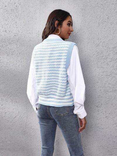 Striped Button Up V-Neck Sweater Vest - Trendsi - Flyclothing LLC