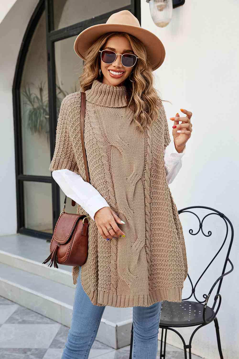Cable-Knit Turtleneck Slit Sweater - Trendsi - Flyclothing LLC