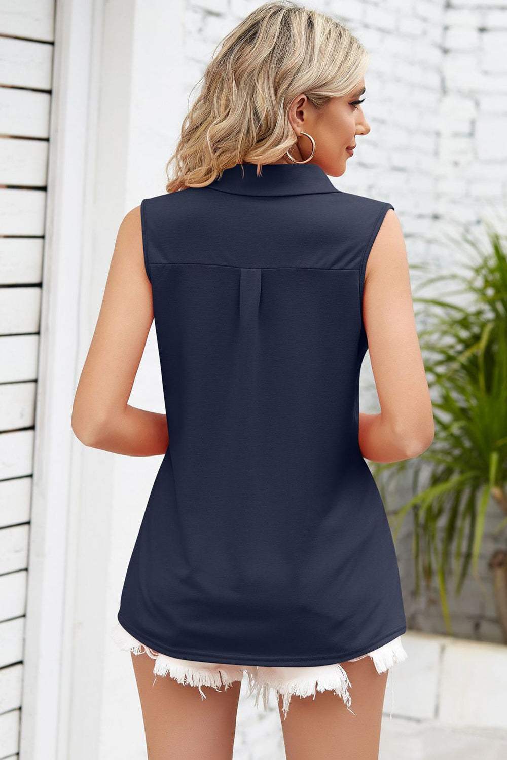 Ruched Johnny Collar Tank - Trendsi - Flyclothing LLC