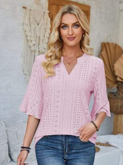 Eyelet Notched Half Sleeve T-Shirt - Trendsi - Flyclothing LLC
