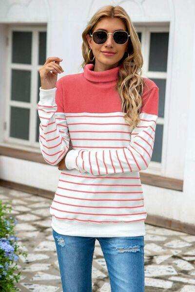 Striped Contrast Turtleneck Sweater - Trendsi - Flyclothing LLC