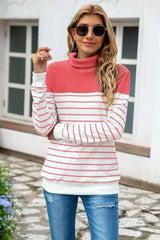 Striped Contrast Turtleneck Sweater - Flyclothing LLC