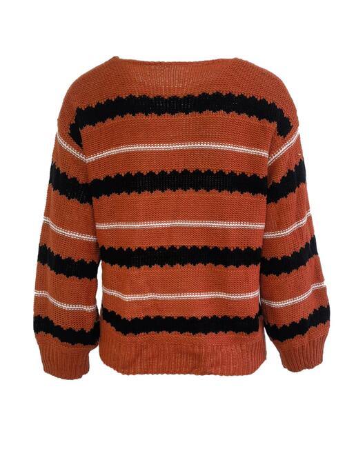 Striped Round Neck Long Sleeve Sweater - Flyclothing LLC