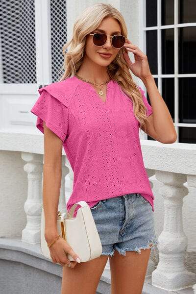 Eyelet Notched Short Sleeve T-Shirt - Trendsi - Flyclothing LLC
