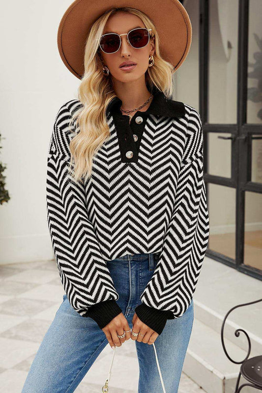 Striped Collared Neck Buttoned Pullover Sweater - Trendsi - Flyclothing LLC