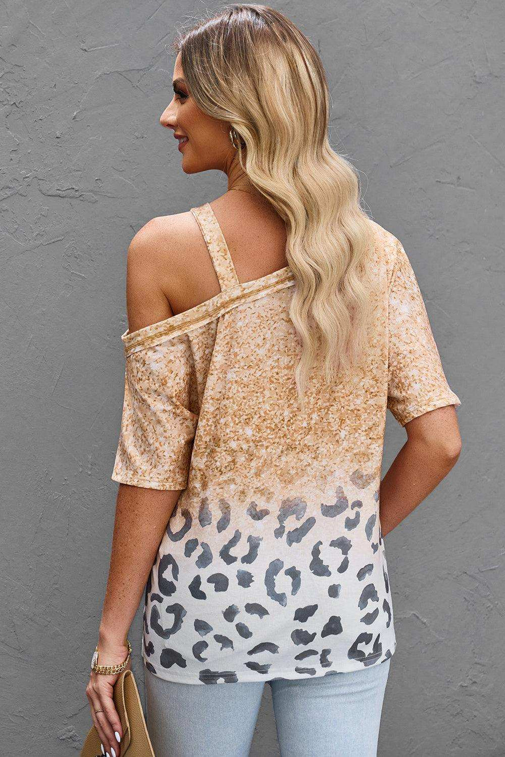 Leopard Asymmetrical Neck Cold-Shoulder Blouse - Trendsi - Flyclothing LLC