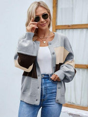 Color Block Button Up Lantern Sleeve Cardigan - Trendsi