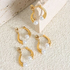 Synthetic Pearl Asymmetrical Titanium Steel Earrings - Flyclothing LLC
