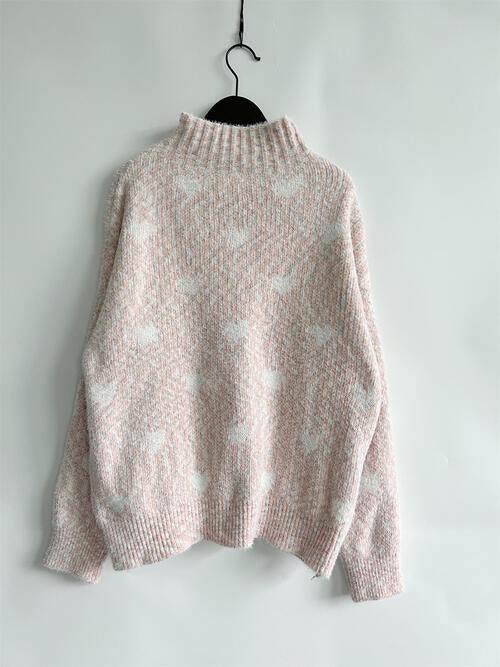 Heart Heathered Turtleneck Drop Shoulder Sweater - Trendsi