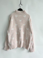 Heart Heathered Turtleneck Drop Shoulder Sweater - Trendsi