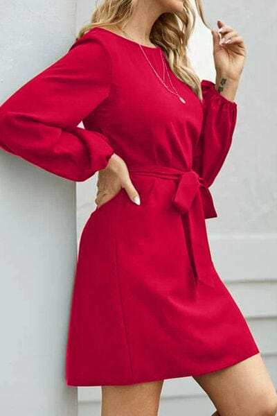 Tied Boat Neck Balloon Sleeve Mini Dress - Trendsi - Flyclothing LLC