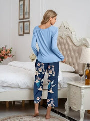 Round Neck Top and Printed Pants Lounge Set - Trendsi