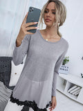Spliced Lace Contrast Round Neck Top - Trendsi