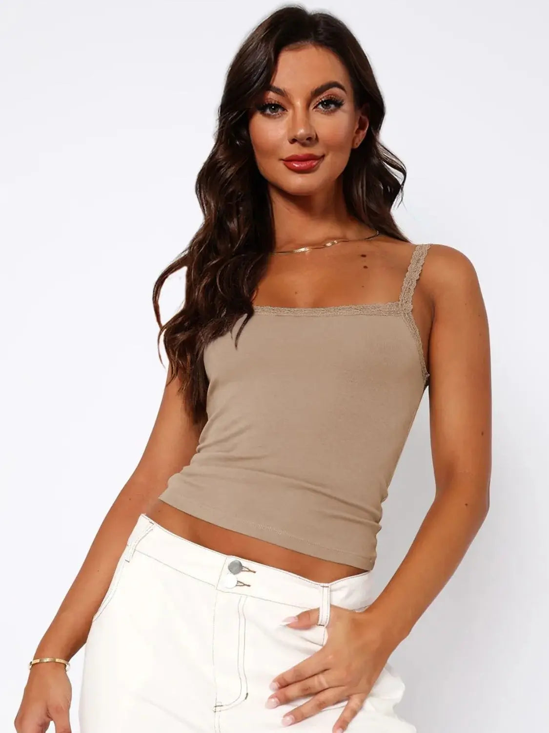 Lace Trim Straight Neck Cami - Trendsi - Flyclothing LLC