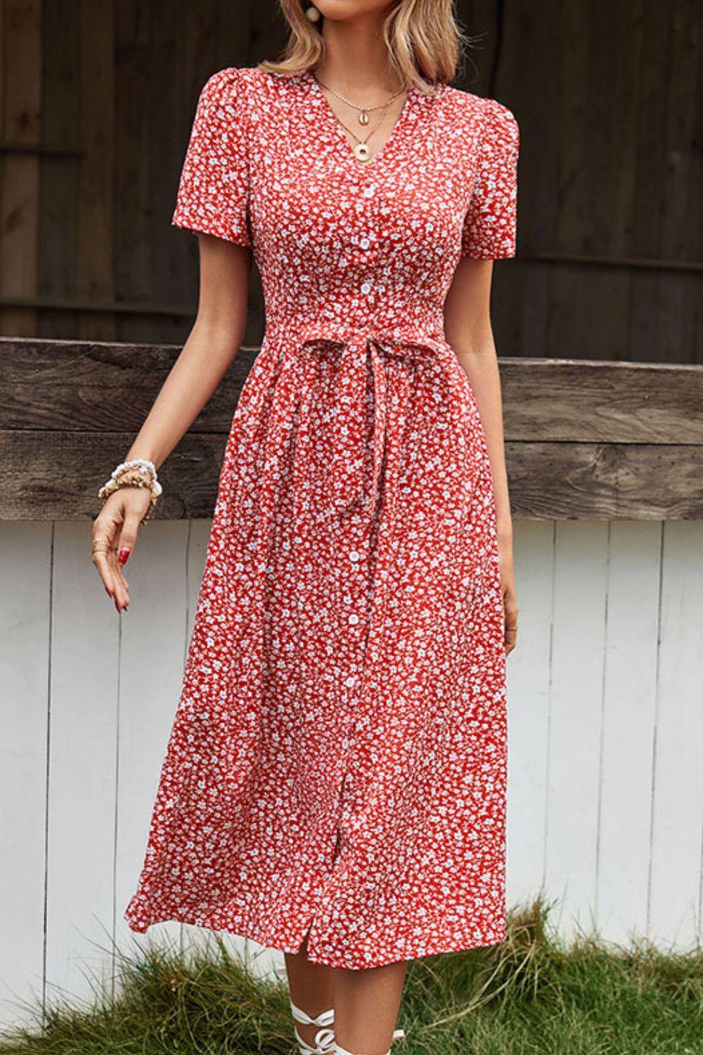 Ditsy Floral Button Front Tied Puff Sleeve Dress - Trendsi