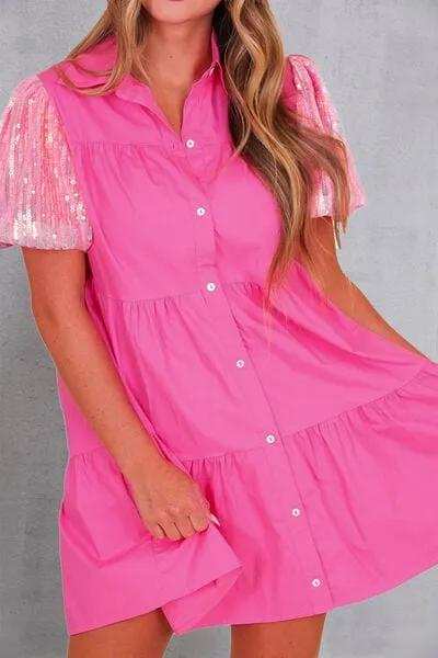 Sequin Button Up Tiered Dress - Trendsi - Flyclothing LLC